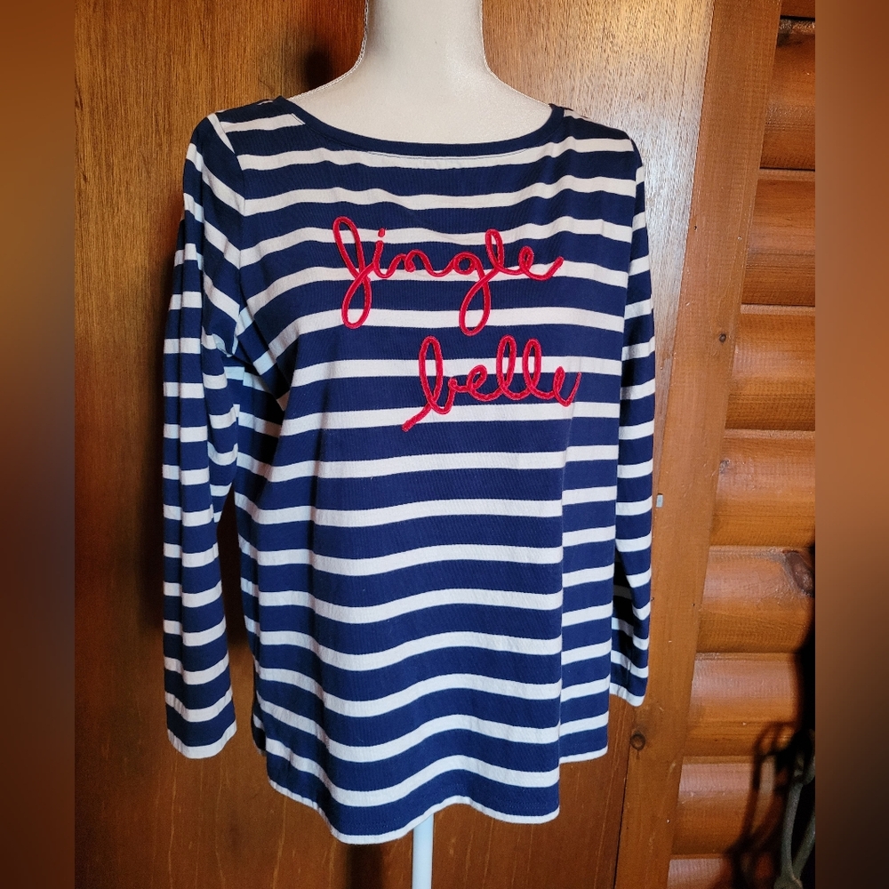 Talbots Blue and White Striped Long Sleeve Top With Jingle Belle Decor Sz. Xp